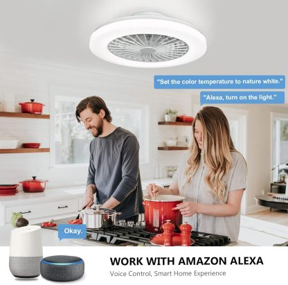 Low Profile Ceiling Fan with Light Smart Bladeless Ceiling Fans with RGB Lights Changing LED 3 Wind Speeds Festival Ambient 22 Inch Flush Mount Fan Light