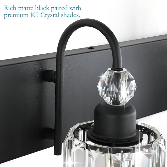 Black Vanity Light 2-Lights Modern Crystal Vanity Lights for Bathroom Matte Black Crystal Wall Light Fixtures Modern Black Crystal Bathroom Light Fixtures