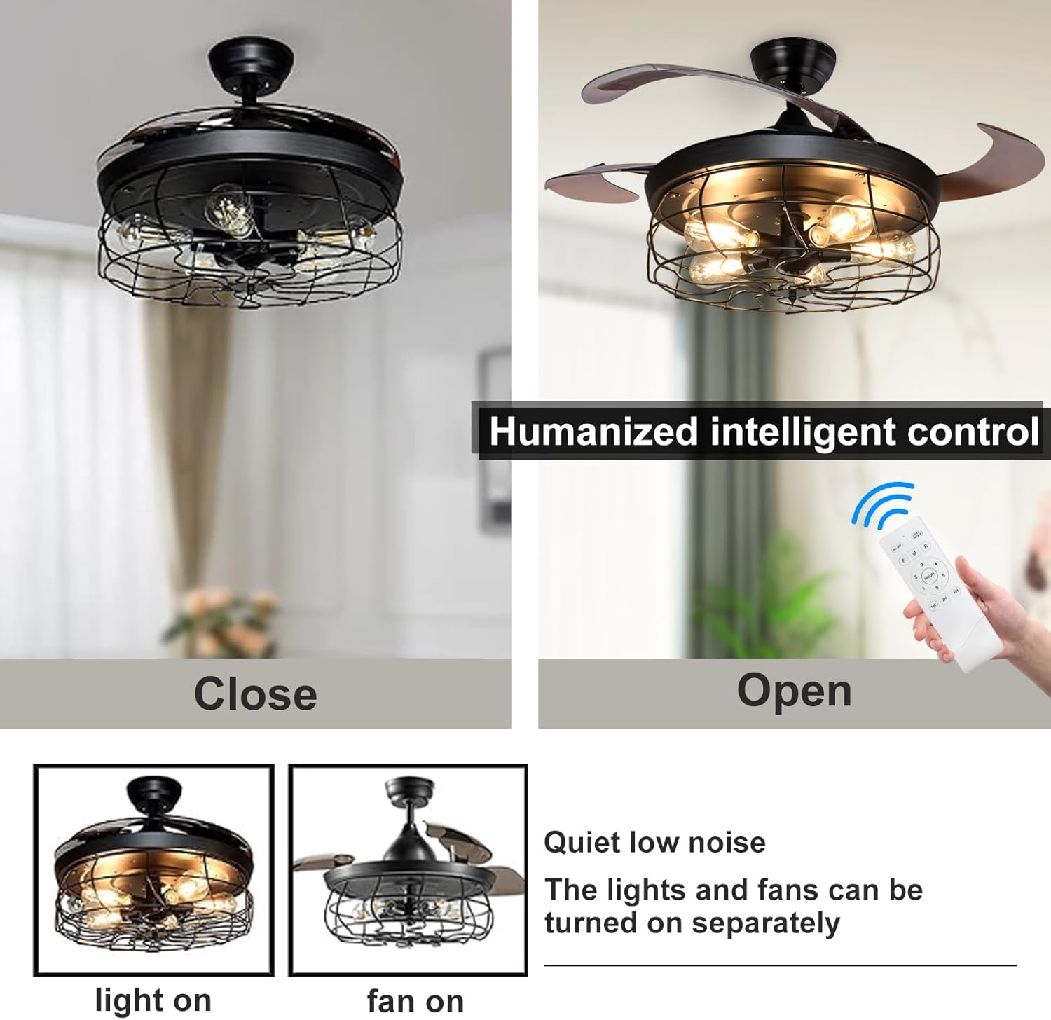Ceiling Fan with Lights-42 Industrial Ceiling Fan with Retractable Blades, Vintage Cage Ceiling Light Fixture with Remote