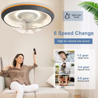 19'' Modern Ceiling Fans with Lights, 360-Degree Rotation Low Profile Ceiling Fans with Lights and Remote, Dimmable LED Reversible Timing, 3 Colors 6 Speeds Bladeless for Bedroom, Kitchen, Grey