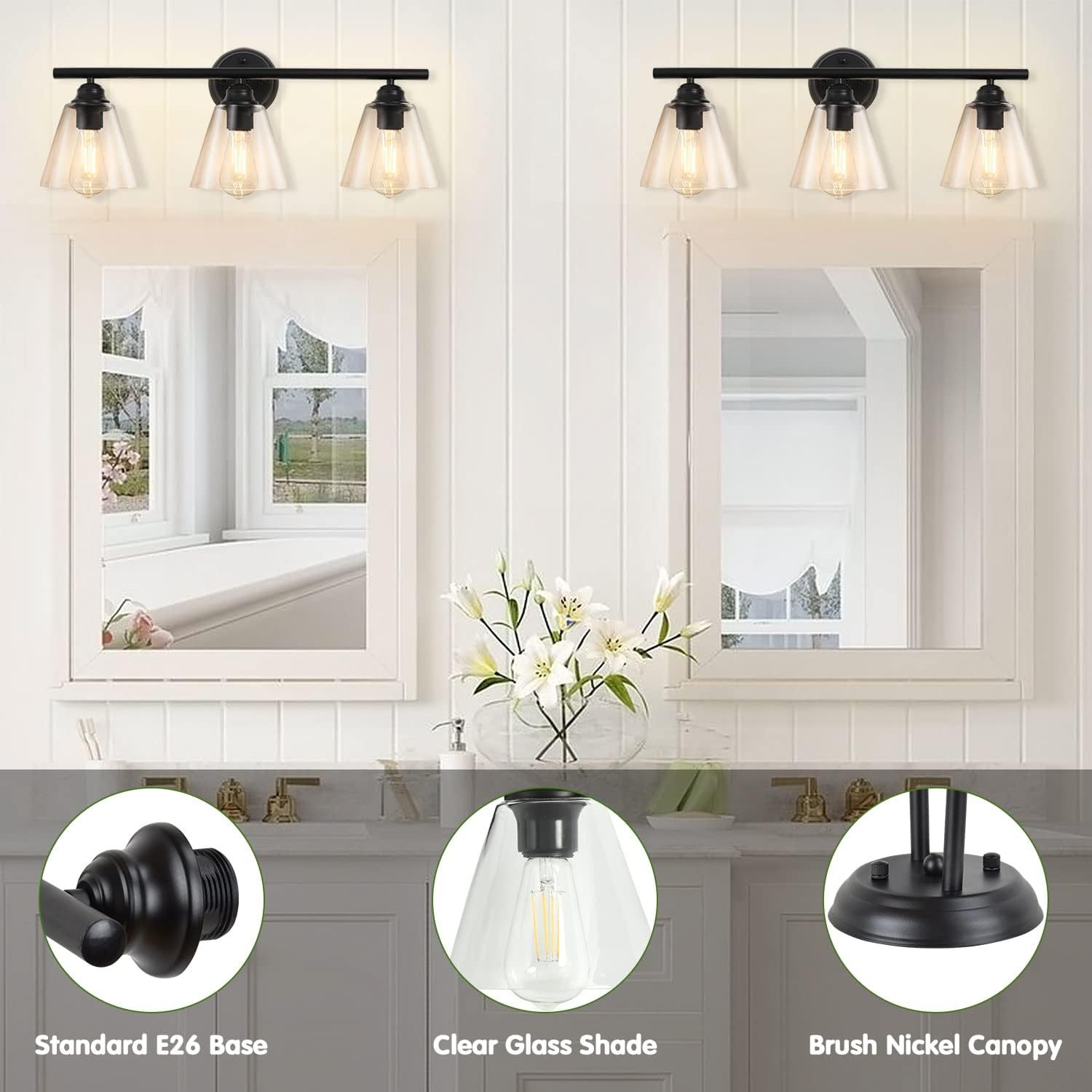 Bathroom Vanity Wall Light Over Mirror: 3-Light 3 Lights Wall Sconces Lamp with Glass Shade