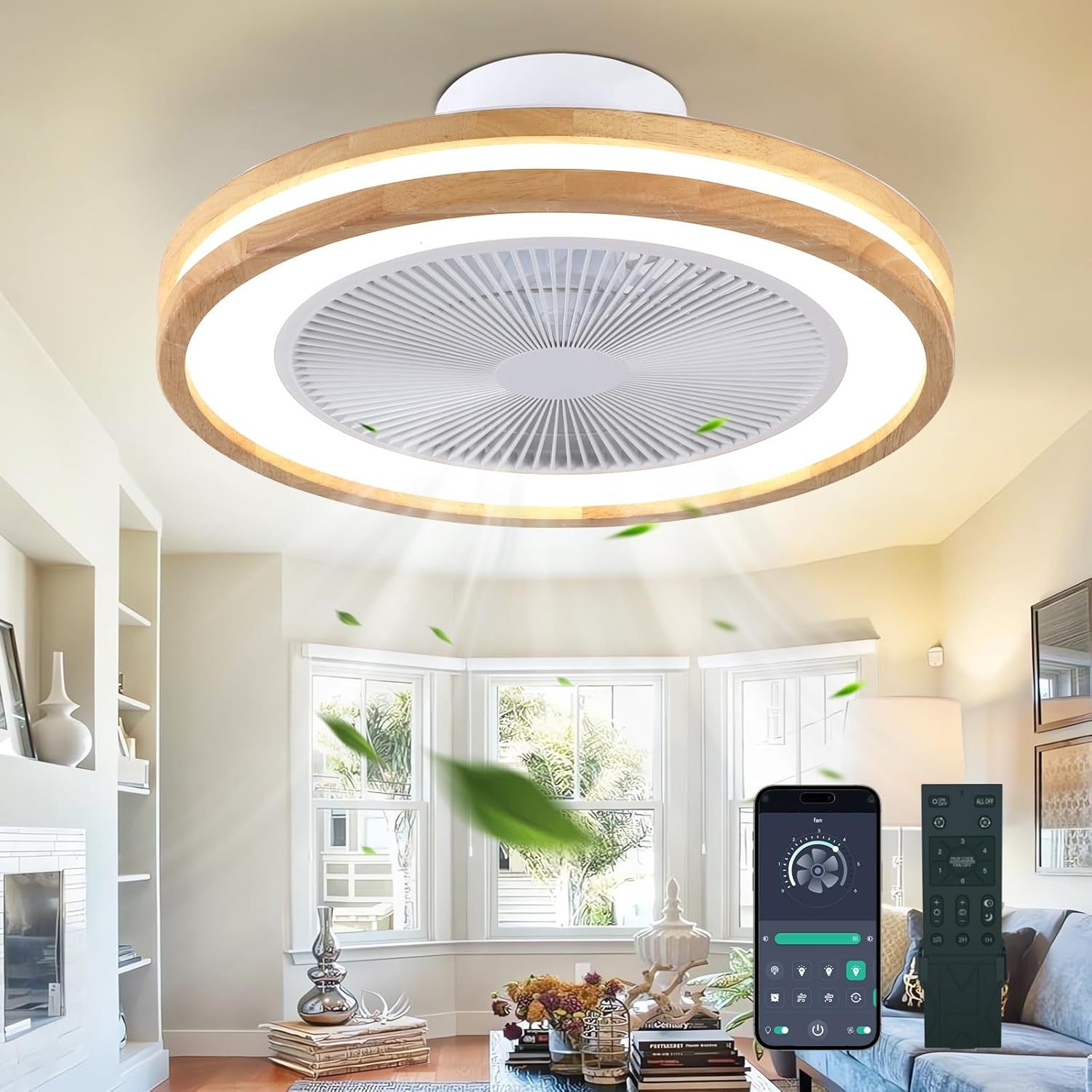 Ceiling Fan Mount for Bedroom: 20 Inch Wooden Bladeless Ceiling Fan with Light and Remote for Living Room Kitche - Modern Enclosed Led Fandelier with App Reversible 6 Wind Speed Dimmable