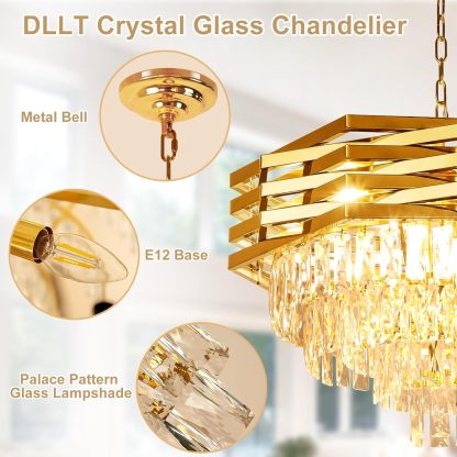 24'' Modern Crystal Chandelier, 9 Light Gold Crystal Pendant Light Fixtures, 4-Tier Adjustable Hanging Ceiling Light for Bedroom, Living Room, Dining Room, 3000k E12 Bulbs Included