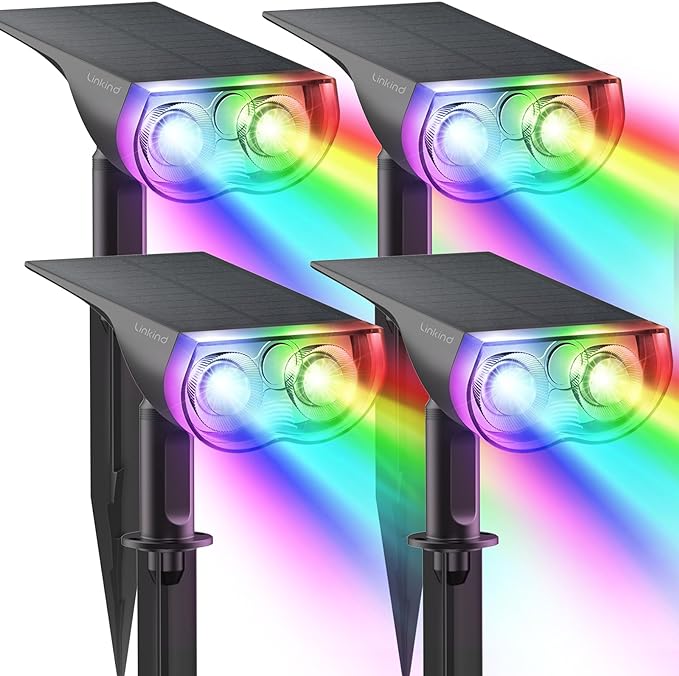 Solar Outdoor Lights, Solar Lights Outdoor Waterproof IP67 Christmas Decorations, 2-in-1 Color Changing Solar Spot Lights 4 Pack