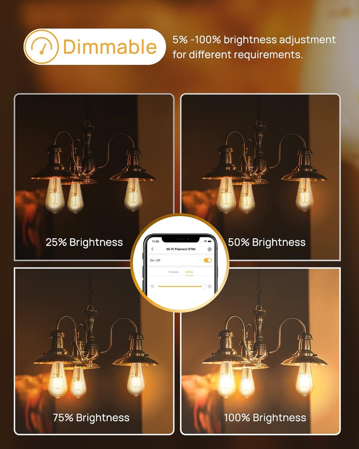 Smart Edison Bulbs, WiFi LED E26 Edison Bulbs, Dimmable ST64 Vintage Filament Light Bulb 2 Pack