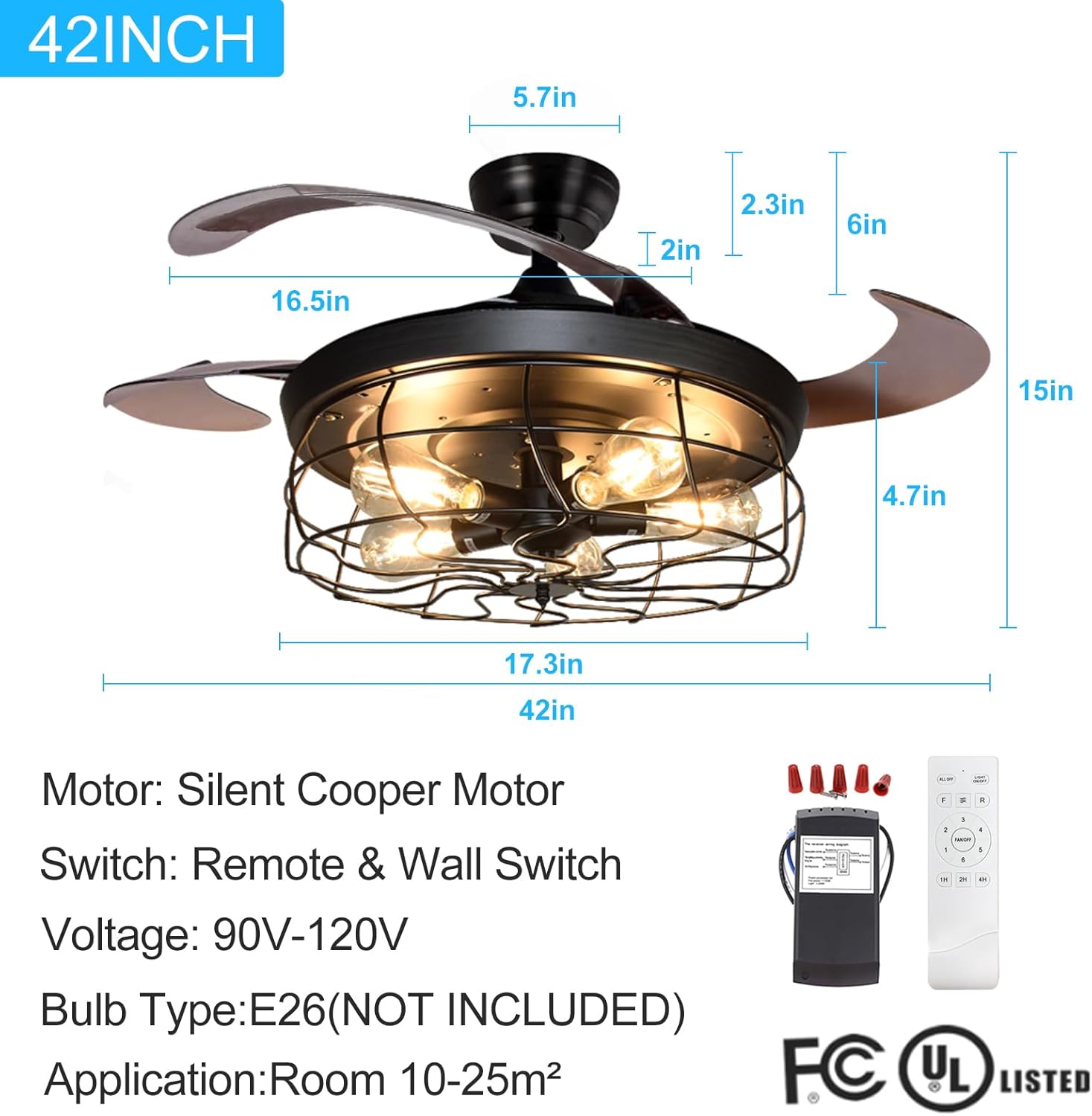 Ceiling Fan with Lights-42 Industrial Ceiling Fan with Retractable Blades, Vintage Cage Ceiling Light Fixture with Remote