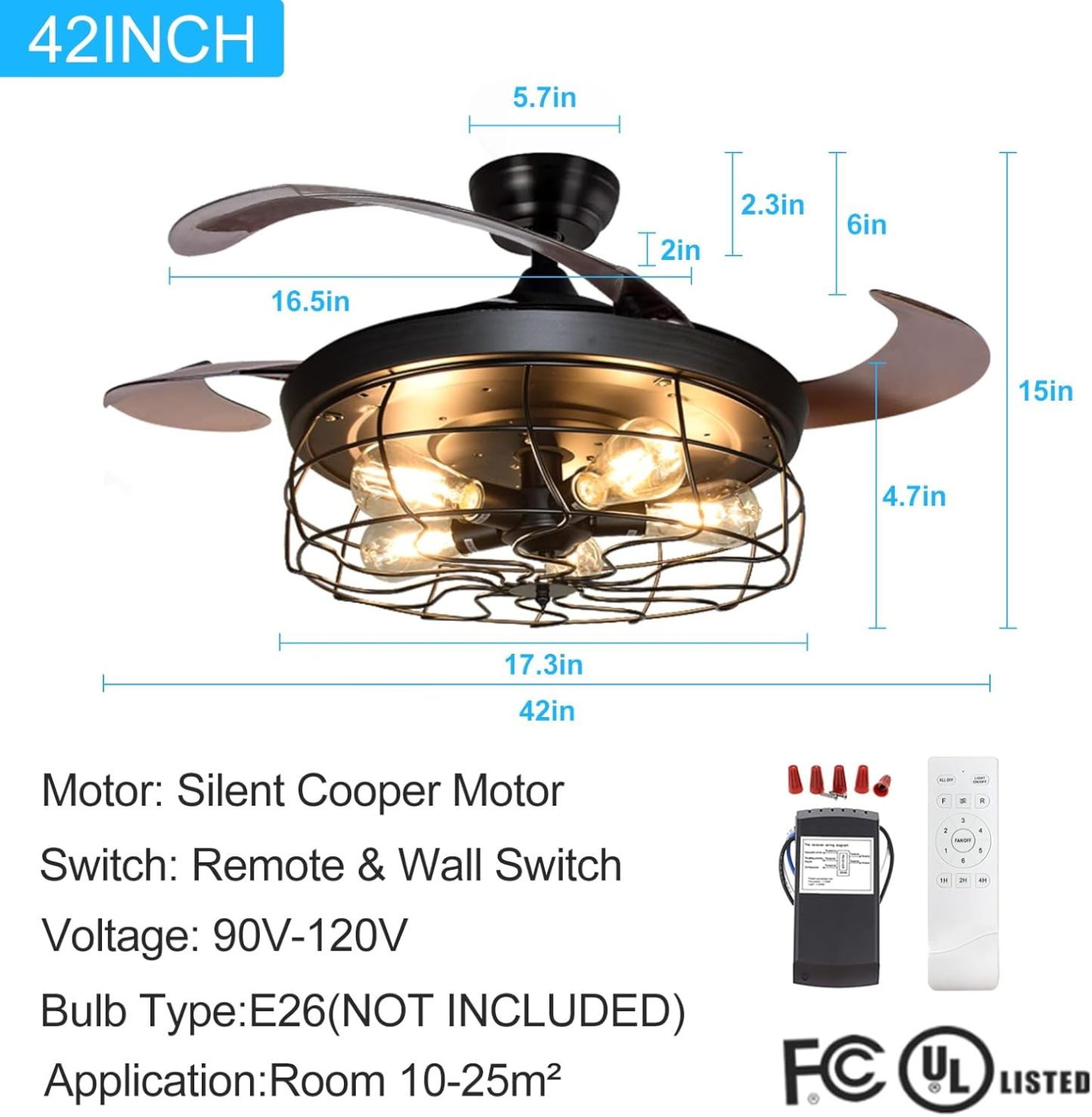 Ceiling Fan with Lights-42 Industrial Ceiling Fan with Retractable Blades, Vintage Cage Ceiling Light Fixture with Remote