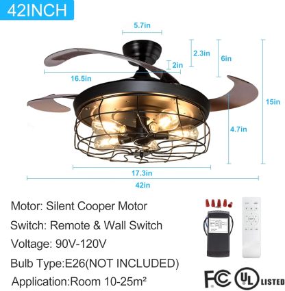Ceiling Fan with Lights-42 Industrial Ceiling Fan with Retractable Blades, Vintage Cage Ceiling Light Fixture with Remote