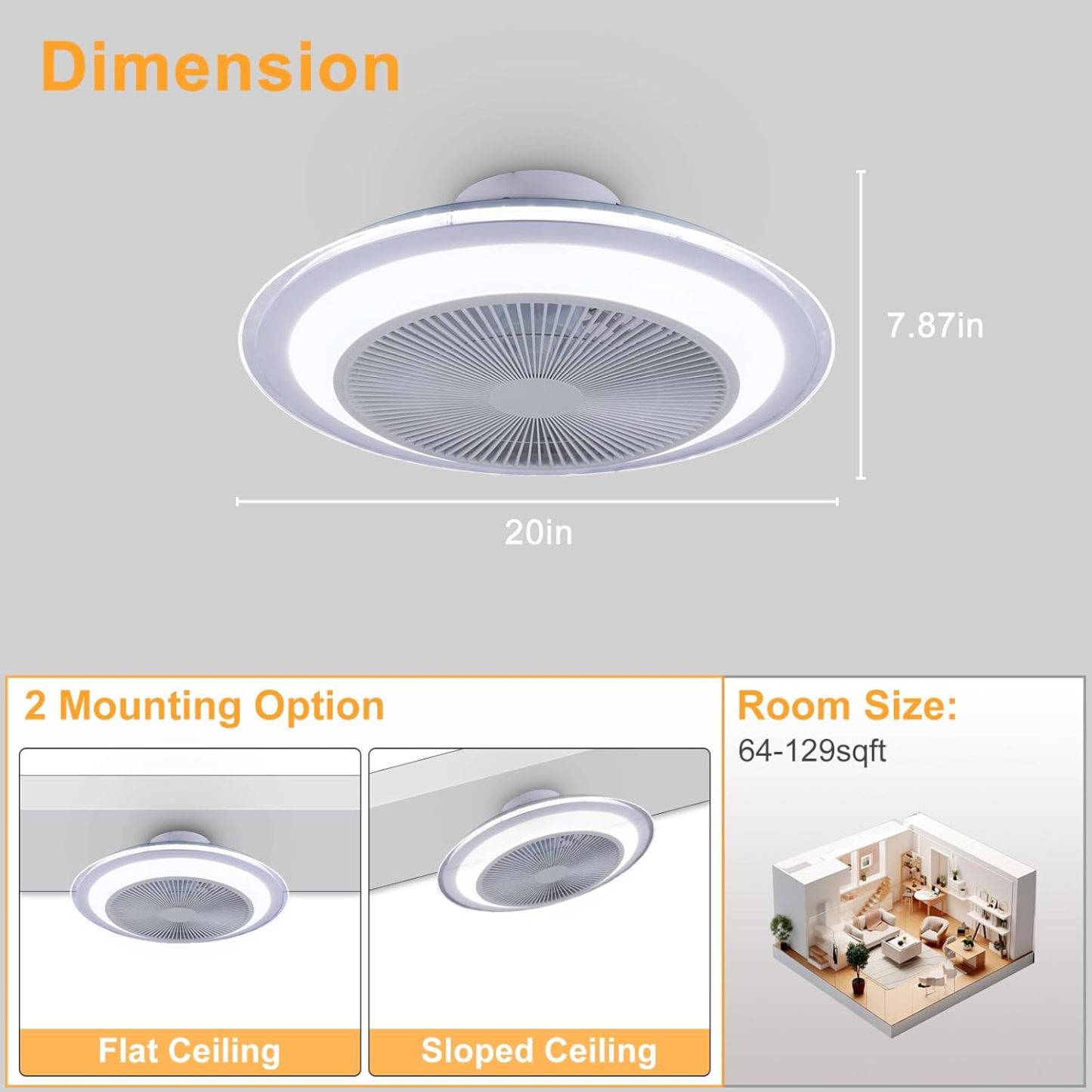 Ceiling Fan Mount for Bedroom: 20 Inch Bladeless Ceiling Fan with Light and Remote for Living Room Kitchen Dining Room