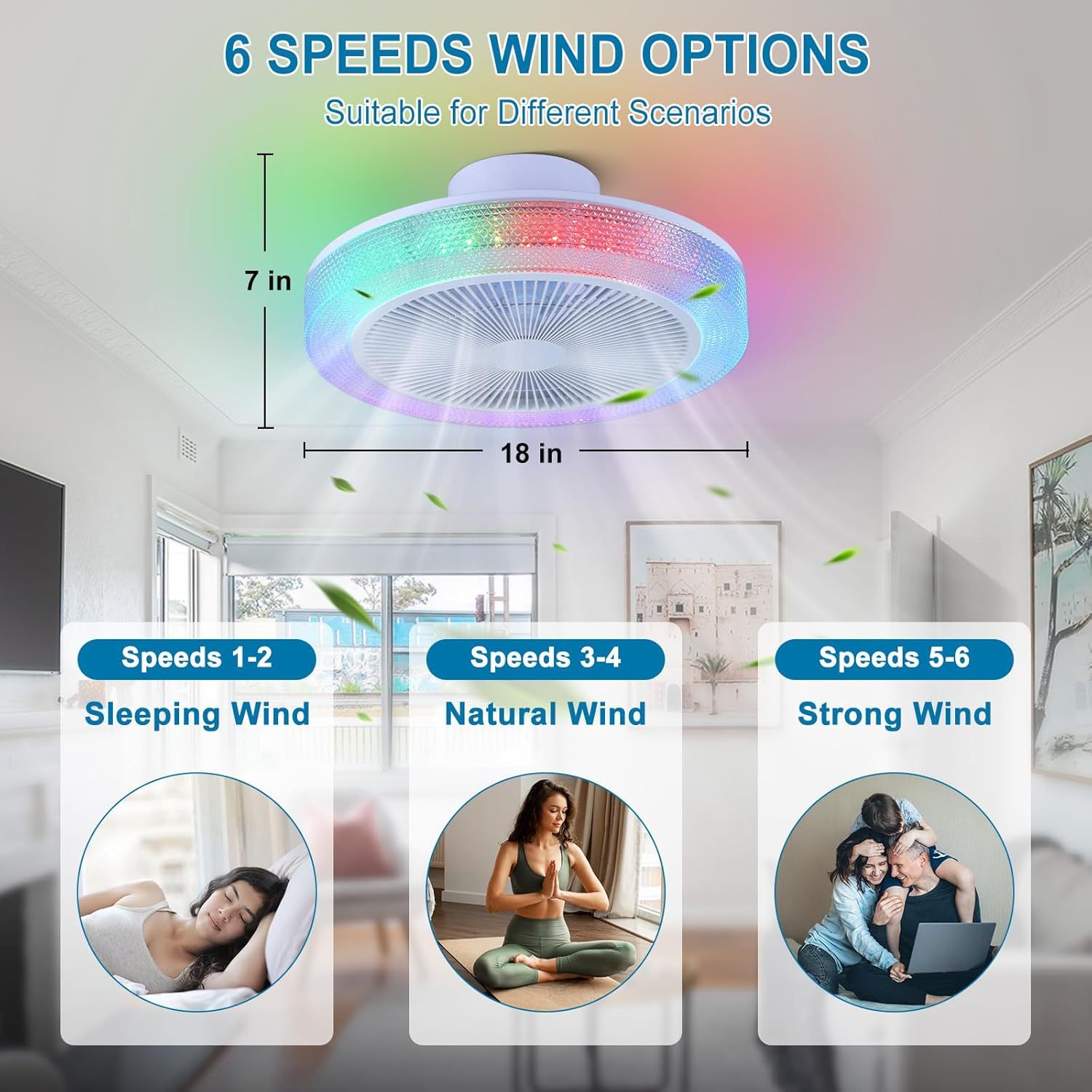 Low Profile Ceiling Fan: 18 Inch Flush Mount Bladeless RGB Ceiling Fan with Light and Remote for Bedroom Living Room Kitchen