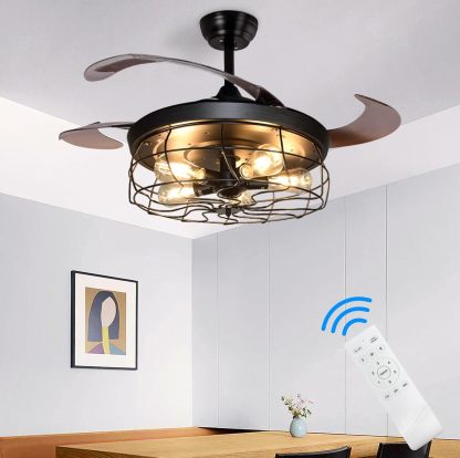 Ceiling Fan with Lights-42 Industrial Ceiling Fan with Retractable Blades, Vintage Cage Ceiling Light Fixture with Remote