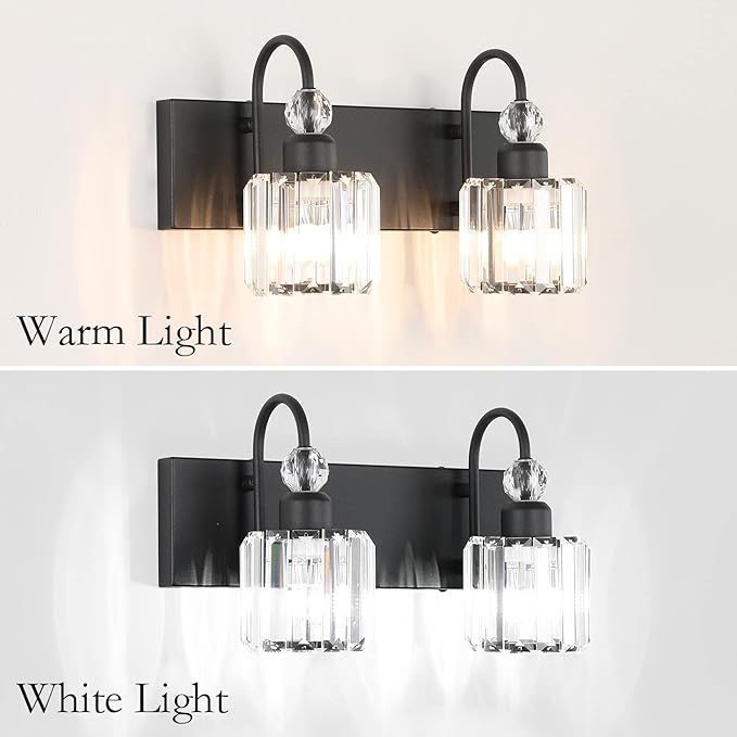 Black Vanity Light 2-Lights Modern Crystal Vanity Lights for Bathroom Matte Black Crystal Wall Light Fixtures Modern Black Crystal Bathroom Light Fixtures