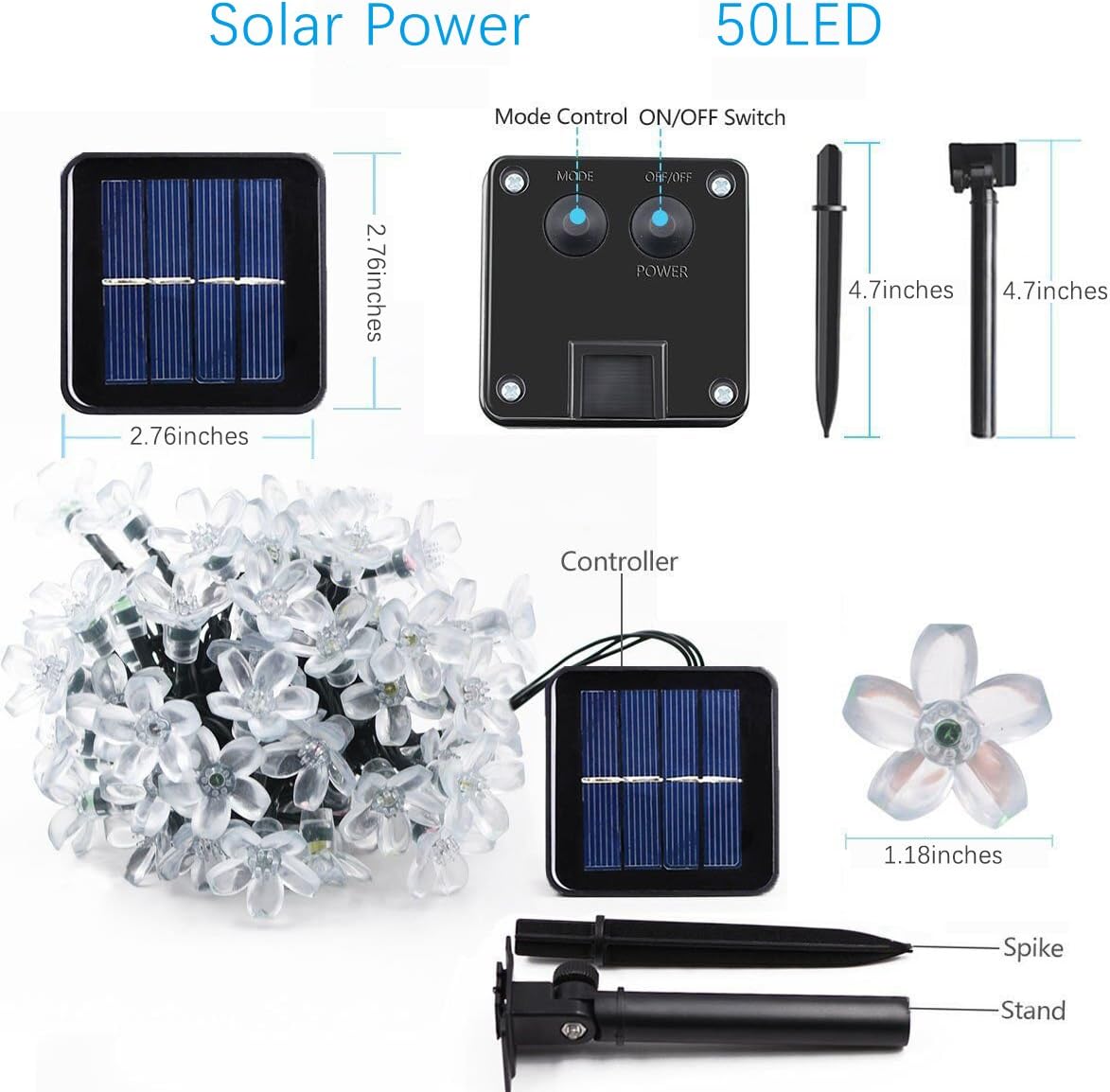 2 Pack Solar Flower Strings Lights, Solar Fairy Lights 23 Feet 50 LED Cherry Blossoms String Lights for Outdoor, Home, Lawn, Wedding, Patio, Party and Holiday Decorations-Multicolor