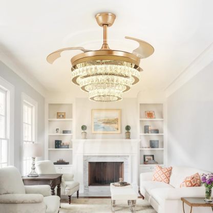 42" Modern Crystal Ceiling Fan with Lights, 3-Blade Gold Retractable Ceiling Fans Remote/APP Control, 6 Speeds Dimmable LED Fandelier