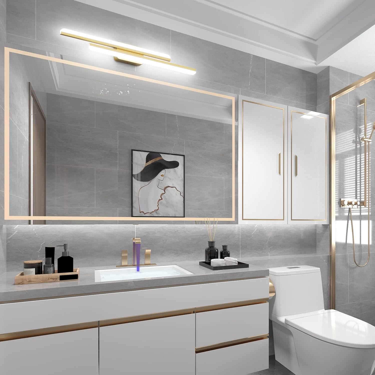 40" Modern LED Gold Vanity Lights 40W Frosted Aluminum Gold Bathroom Vanity Light Fixtures Over Long Mirror Modern Gold Bath Lighting 6000K White Light