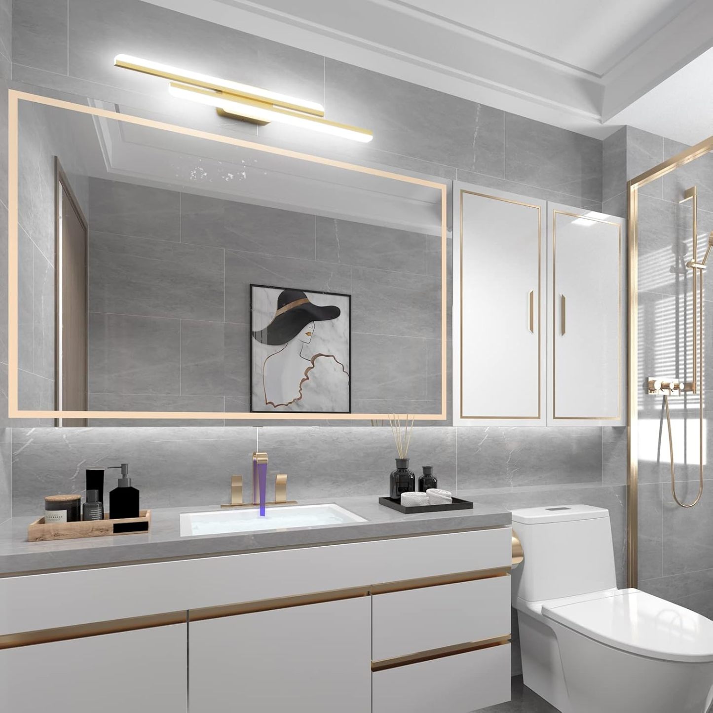 40" Modern LED Gold Vanity Lights 40W Frosted Aluminum Gold Bathroom Vanity Light Fixtures Over Long Mirror Modern Gold Bath Lighting 6000K White Light