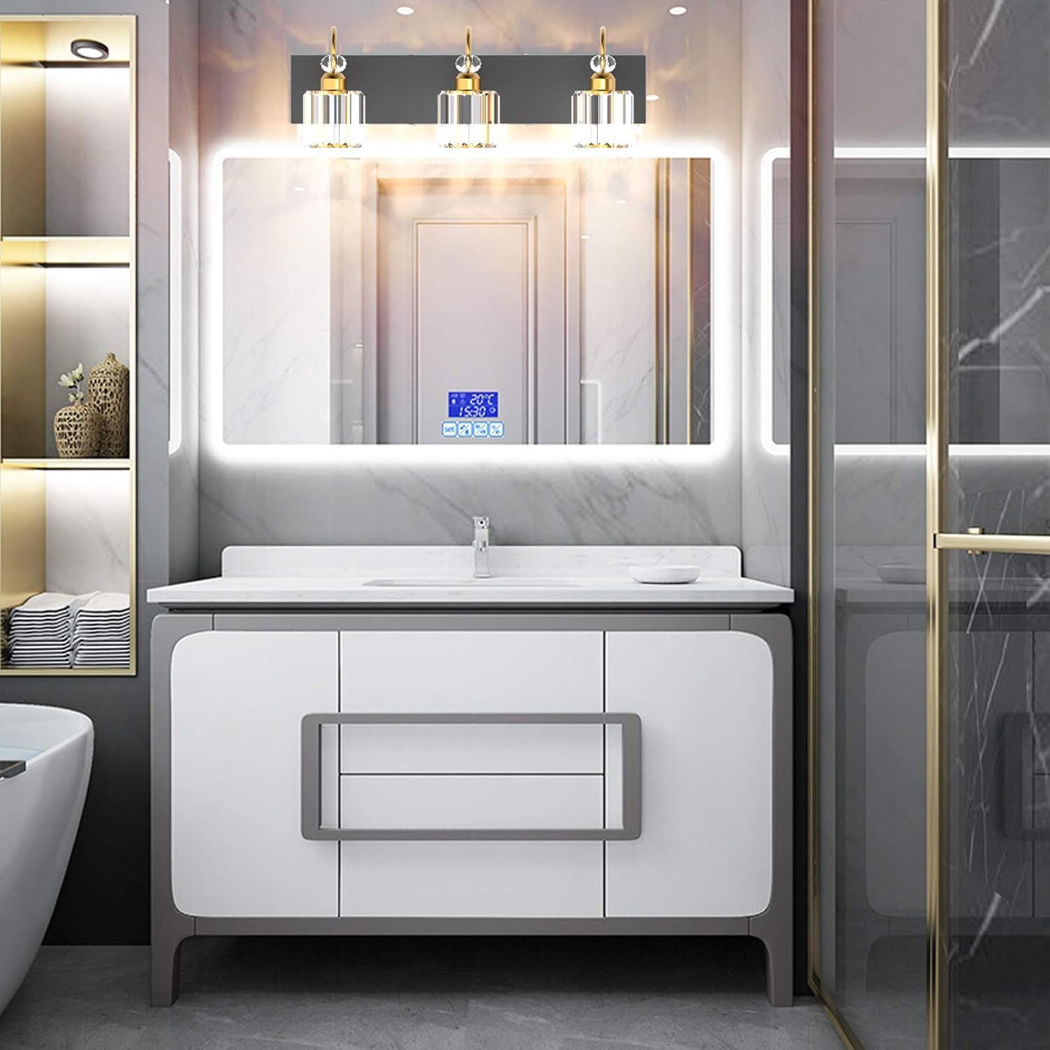 Modern Bathroom Vanity Light Fixture, 3-Lights, Black Metal & Crystal