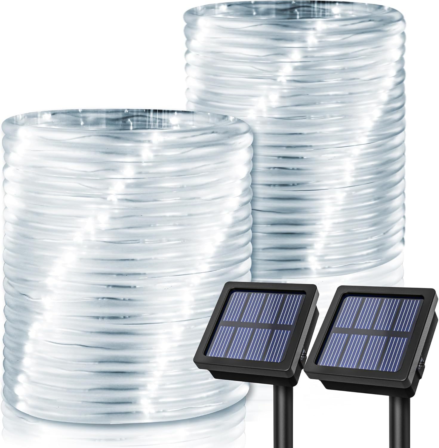 2 Pack Solar Rope Lights, Each with 100 LEDs 35.7 FT 8 Modes, Solar Rope Lights Outdoor Waterproof, Solar String Rope Lights for Outdoor Balcony Fence Patio Backyard Camping (Cool White)