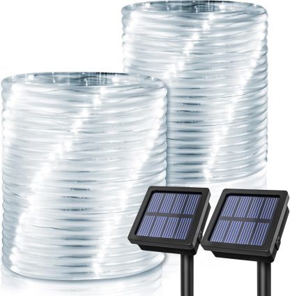 2 Pack Solar Rope Lights, Each with 100 LEDs 35.7 FT 8 Modes, Solar Rope Lights Outdoor Waterproof, Solar String Rope Lights for Outdoor Balcony Fence Patio Backyard Camping (Cool White)