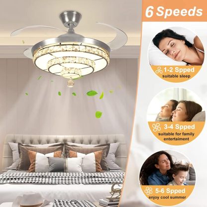 42'' Crystal Ceiling Fan with Light, 36W Modern Reversible Ceiling Fan Remote, 3-Blade Retractable LED Fan Chandelier