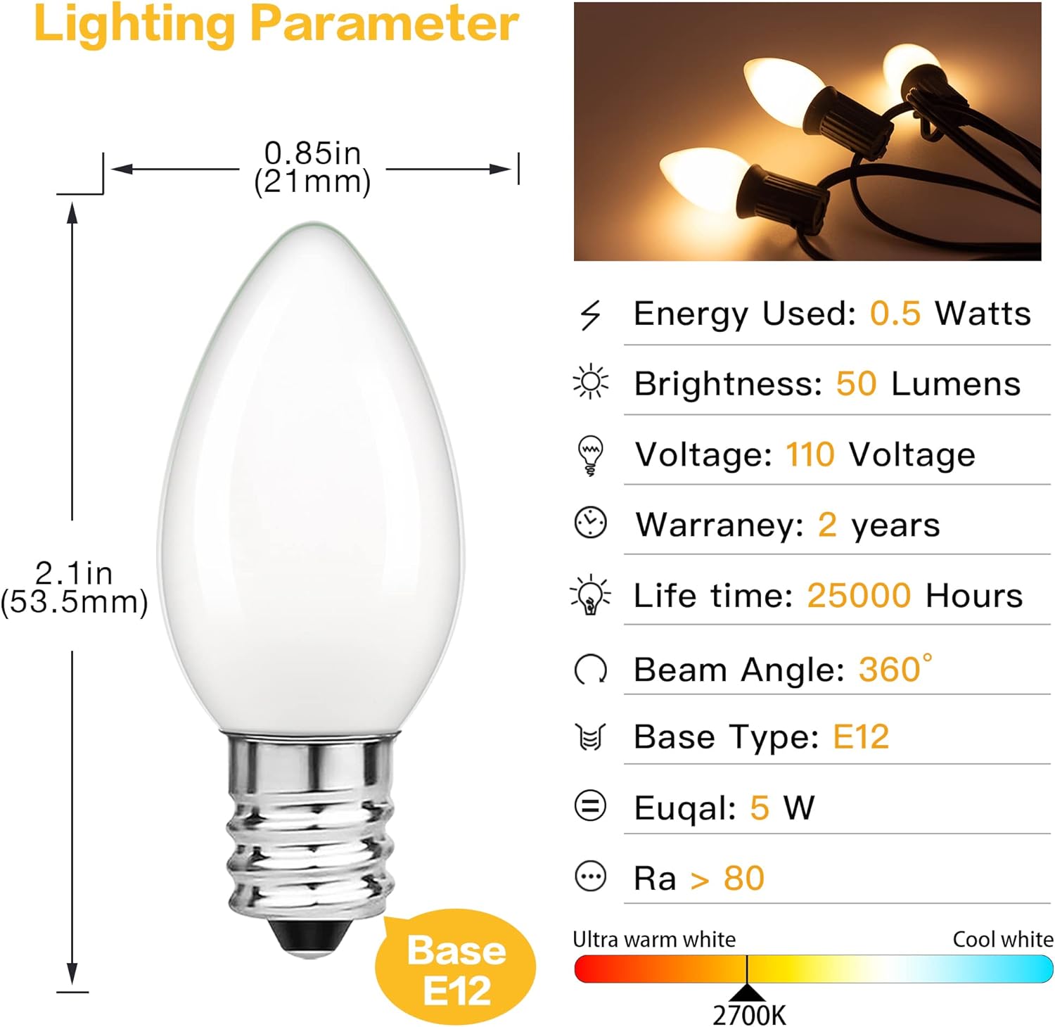 Low Watt Led Light Bulbs 0.5W Equivalent 5W Incandescent Small Night Light Bulb Warm White 2700K Milky C7 Candelabra Led Light Bulbs for Wall lamp Chandeliers E12 Screw Base Low Lumens Light Bulbs