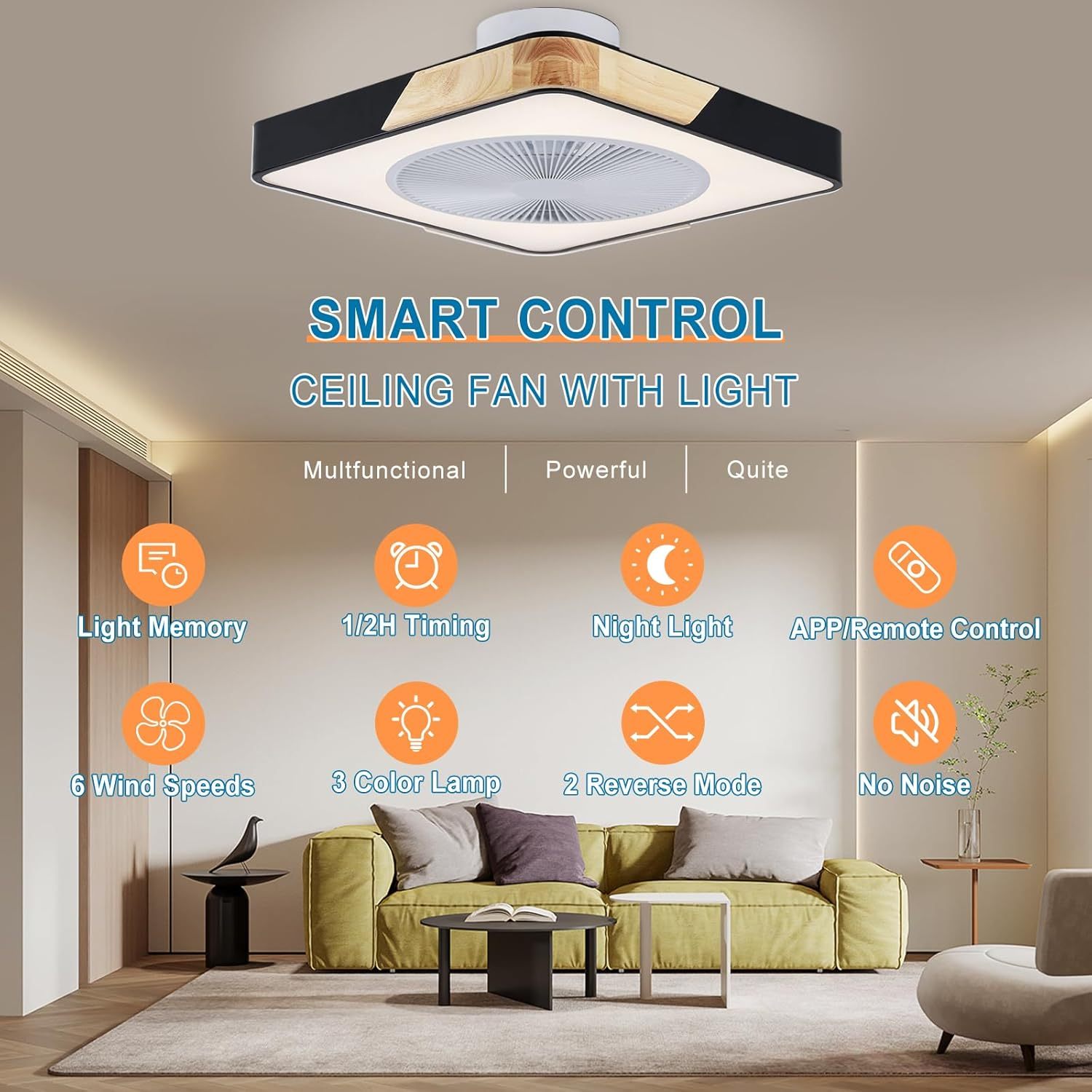 Ceiling Fan Mount for Bedroom: 20 Inch Square Bladeless Ceiling Fan with Light and Remote for Living Room Kitchen Dining Room - Modern Enclosed Led Fandelier with App Timing Dimmable Black