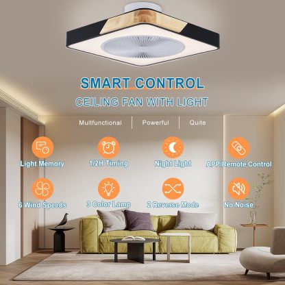 Ceiling Fan Mount for Bedroom: 20 Inch Square Bladeless Ceiling Fan with Light and Remote for Living Room Kitchen Dining Room - Modern Enclosed Led Fandelier with App Timing Dimmable Black