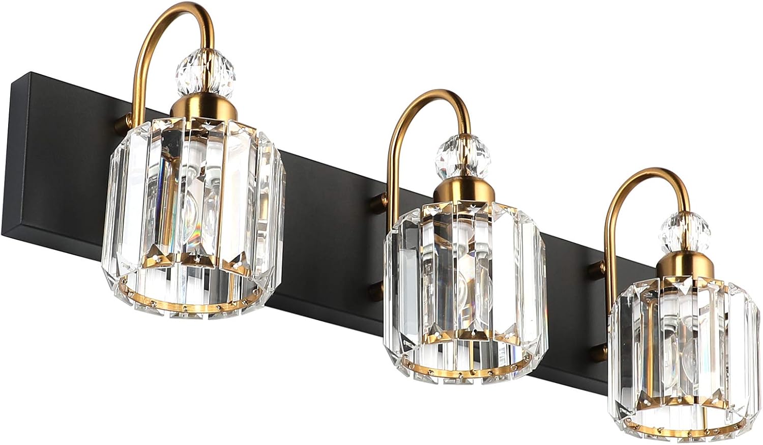 Modern Bathroom Vanity Light Fixture, 3-Lights, Black Metal & Crystal