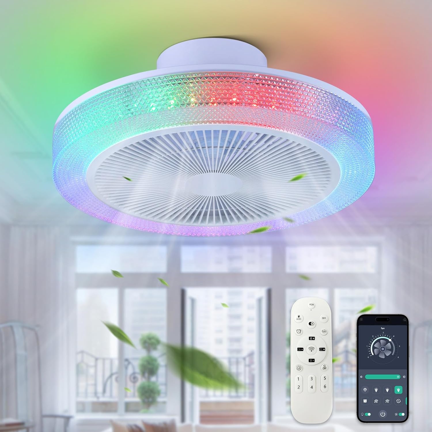 Low Profile Ceiling Fan: 18 Inch Flush Mount Bladeless RGB Ceiling Fan with Light and Remote for Bedroom Living Room Kitchen
