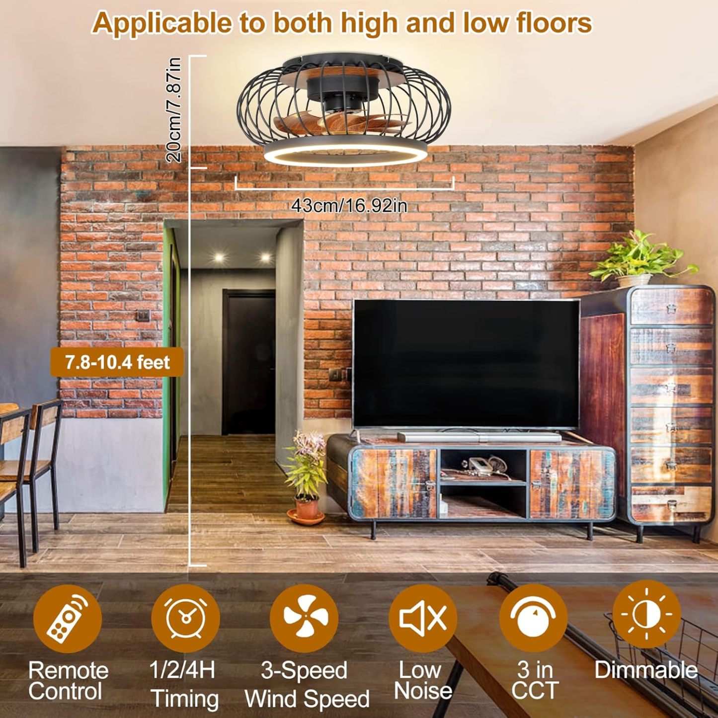 Cage Ceiling Fan with Lights Remote Control, 17”Small Industrial Bladeless Fan Light with 3 Speed, Smart 18W LED Dimmable Lighting Indoor Low Profile Ceiling Fan Flush Mount, 3 Color Changeable