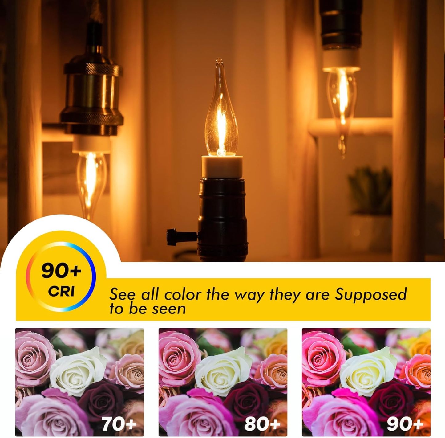 E12 Candelabra LED Night Lights,0.7W Amber Low Watt Candle Decorative Light Bulbs Equal to 7Watt Incandescent,50Lumen 2200K Ultra Warm White Chandelier for Decor Lighting,CRI>90+,Glass,6Pcs
