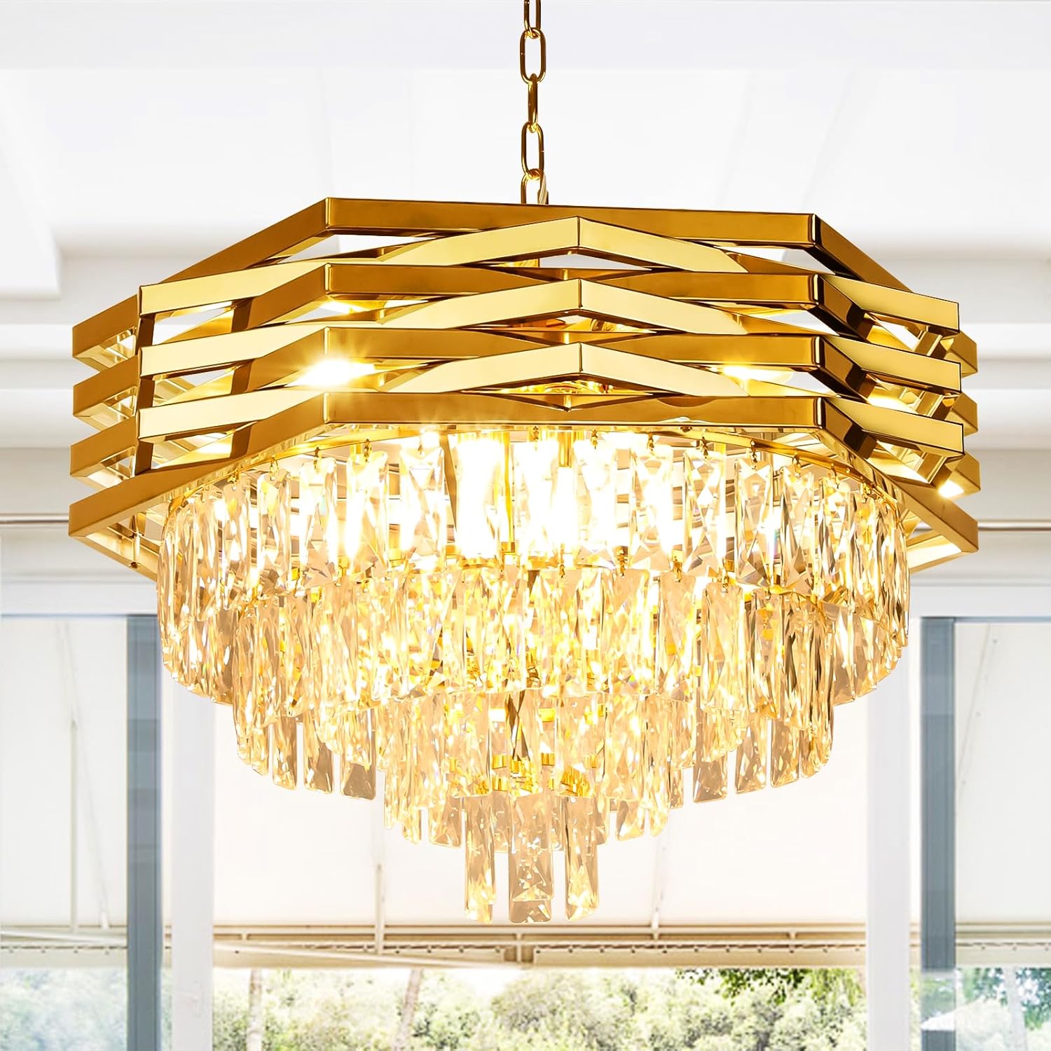 24'' Modern Crystal Chandelier, 9 Light Gold Crystal Pendant Light Fixtures, 4-Tier Adjustable Hanging Ceiling Light for Bedroom, Living Room, Dining Room, 3000k E12 Bulbs Included