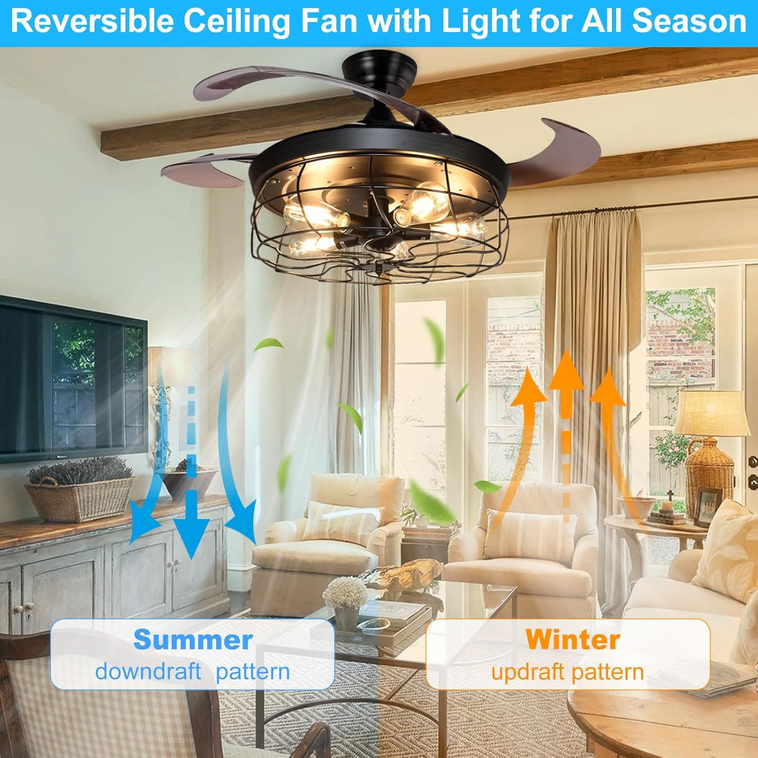 Ceiling Fan with Lights-42 Industrial Ceiling Fan with Retractable Blades, Vintage Cage Ceiling Light Fixture with Remote