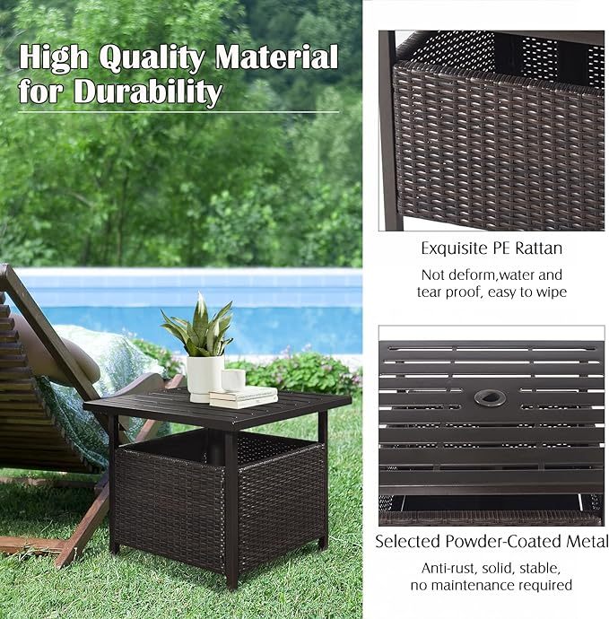 PE Rattan Side Table, Patio End Table w/ 1.6'' Umbrella Hole, All Weather Wicker Umbrella Table