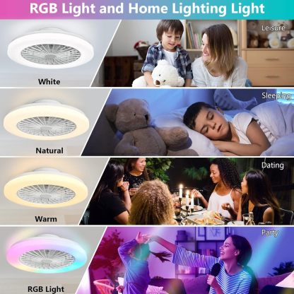 Low Profile Ceiling Fan with Light Smart Bladeless Ceiling Fans with RGB Lights Changing LED 3 Wind Speeds Festival Ambient 22 Inch Flush Mount Fan Light