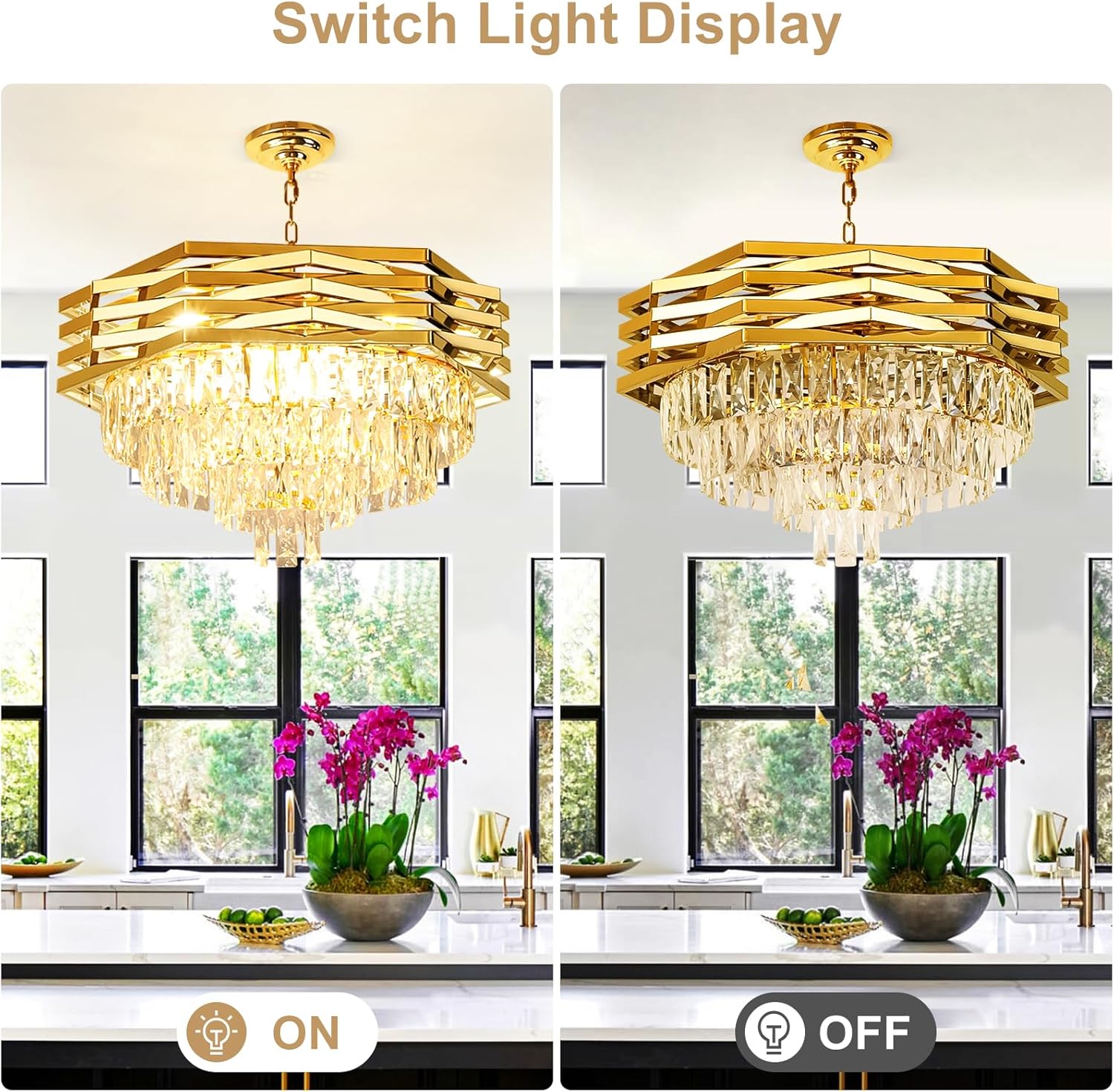 24'' Modern Crystal Chandelier, 9 Light Gold Crystal Pendant Light Fixtures, 4-Tier Adjustable Hanging Ceiling Light for Bedroom, Living Room, Dining Room, 3000k E12 Bulbs Included
