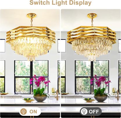 24'' Modern Crystal Chandelier, 9 Light Gold Crystal Pendant Light Fixtures, 4-Tier Adjustable Hanging Ceiling Light for Bedroom, Living Room, Dining Room, 3000k E12 Bulbs Included