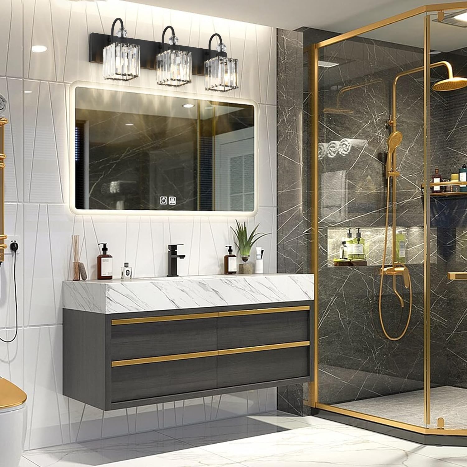 Modern Crystal Black Vanity Light 3 Light Bathroom Light Fixtures Over Mirror Matte Black Crystal Bathroom Wall Lighting