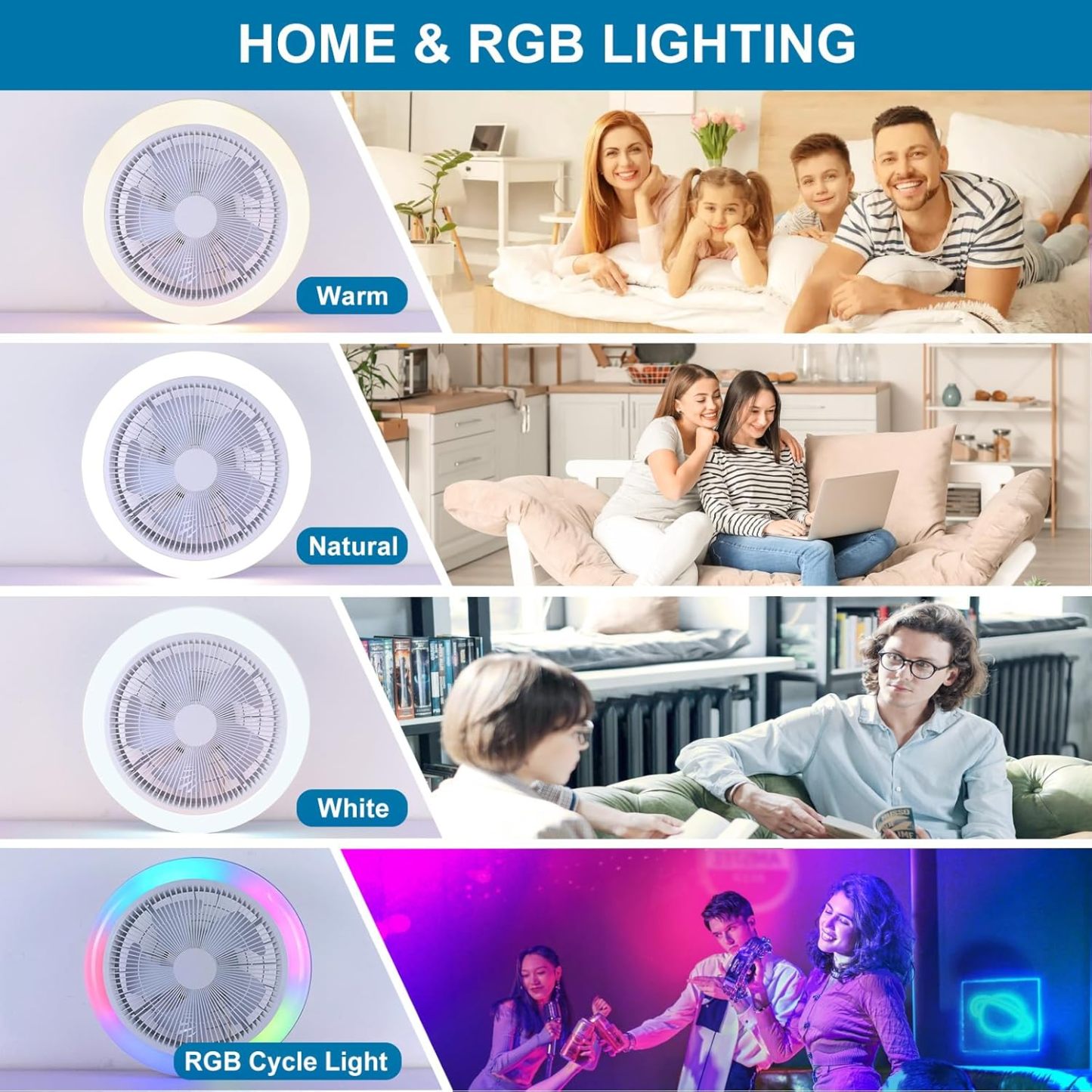 Ceiling Fan Mount for Bedroom: 18 Inch Bladeless Ceiling Fan with RGB Light and Remote for Living Room Kitchen Dining Room