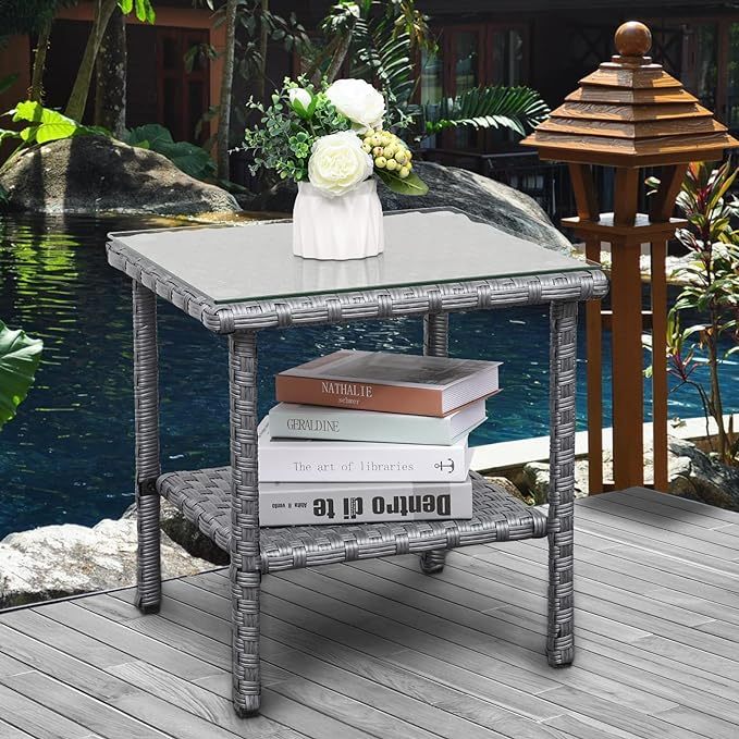 Outdoor Wicker Glass Top Side Table - Patio Rattan Square End Table with Storage