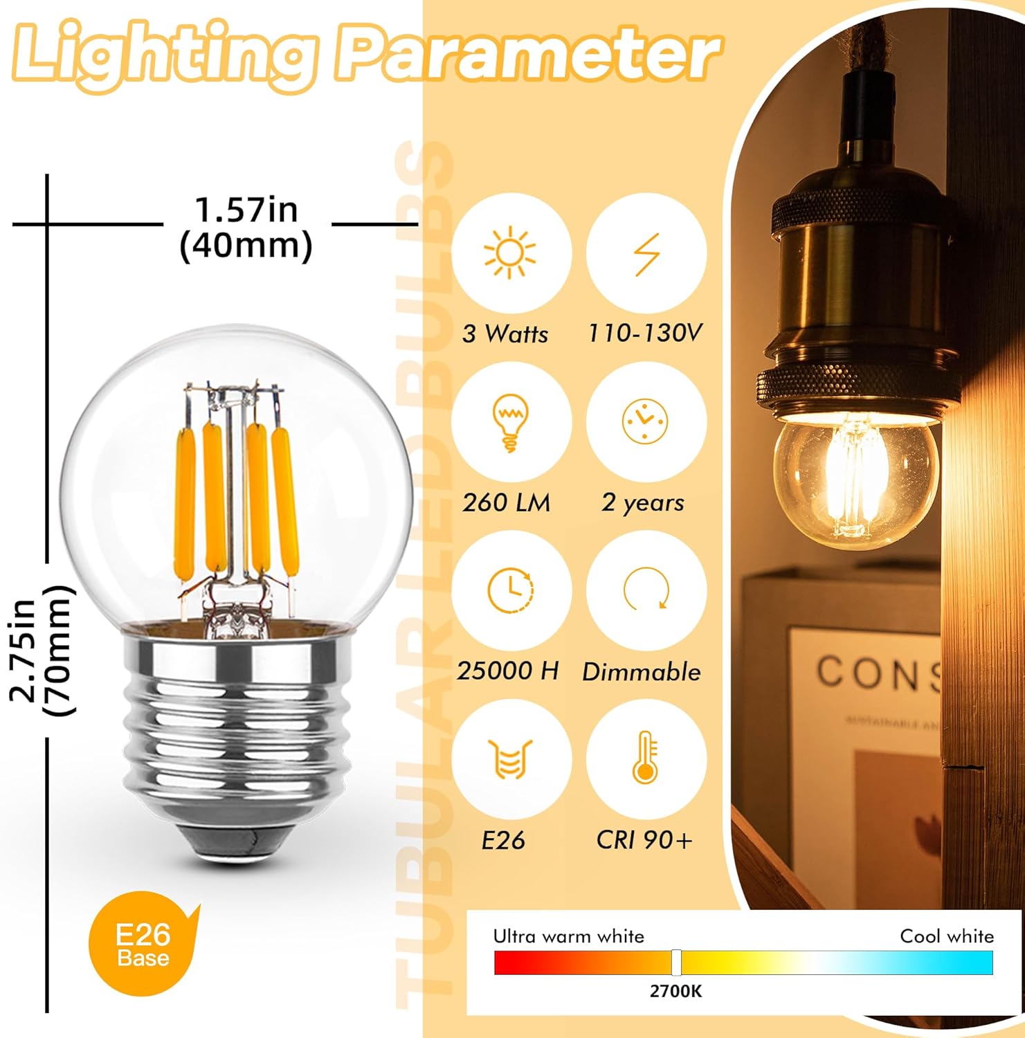 Dimmable Low Watt LED Bulbs 3 Watt, 25 Watt Small Light Bulbs,E26 Screw Base G40 Globe Edison Light Bulbs,Warm White 2700K for Bedroom、Bathroom Lighting,Glass,110V,2PCS
