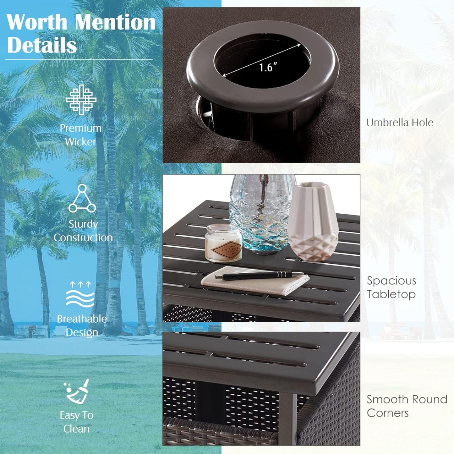 PE Rattan Side Table, Patio End Table w/ 1.6'' Umbrella Hole, All Weather Wicker Umbrella Table