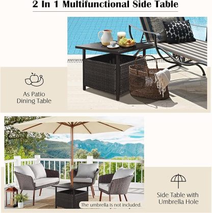 PE Rattan Side Table, Patio End Table w/ 1.6'' Umbrella Hole, All Weather Wicker Umbrella Table