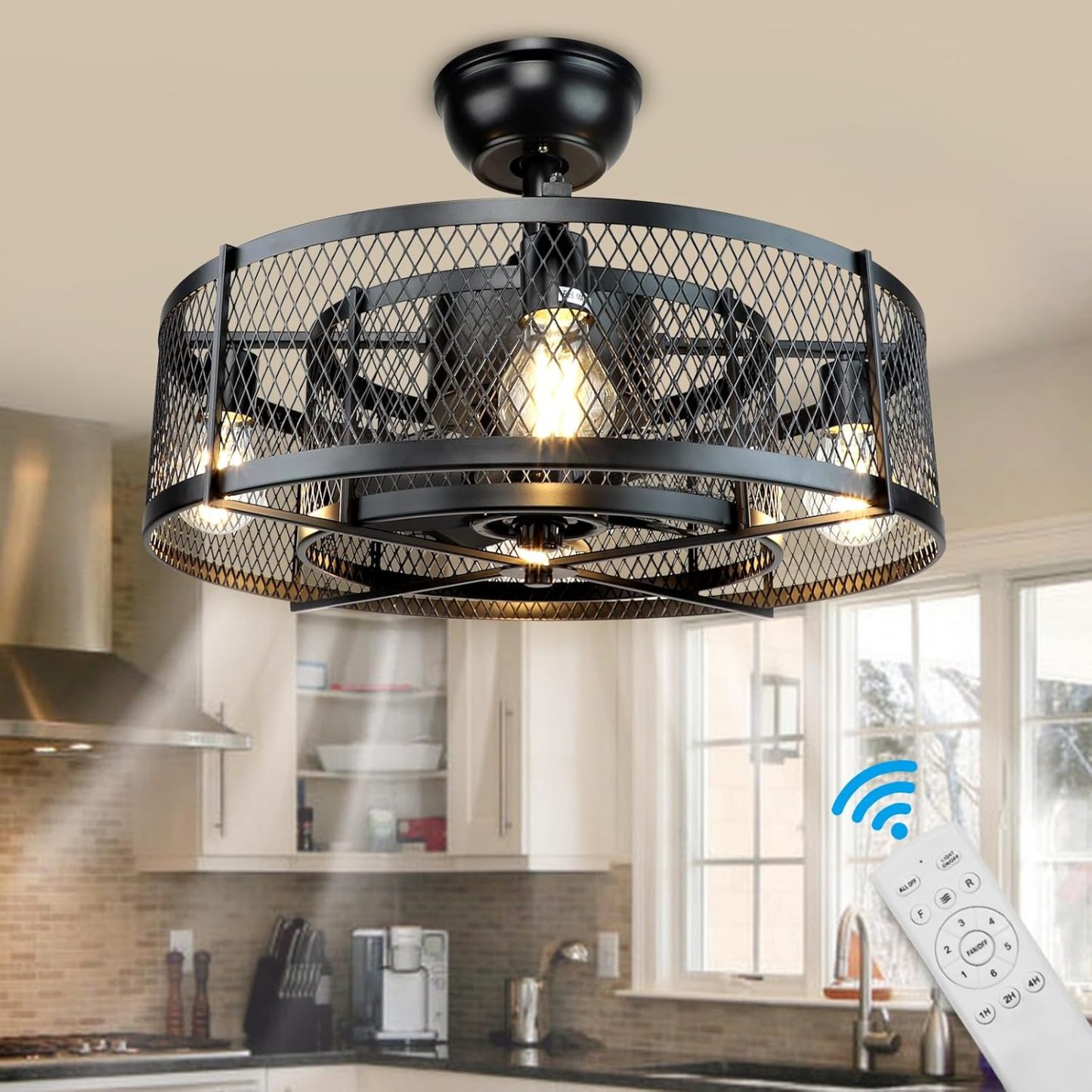 20 Inch Caged Ceiling Fan with Light, Farmhouse Ceiling Fan Lights with Remote, Industrial Ceiling Fans for Living Room, Bedroom, Kitchen, 6 Speeds Wind, Timer, 4xE26 Bulb Base, Black (No Bulb)