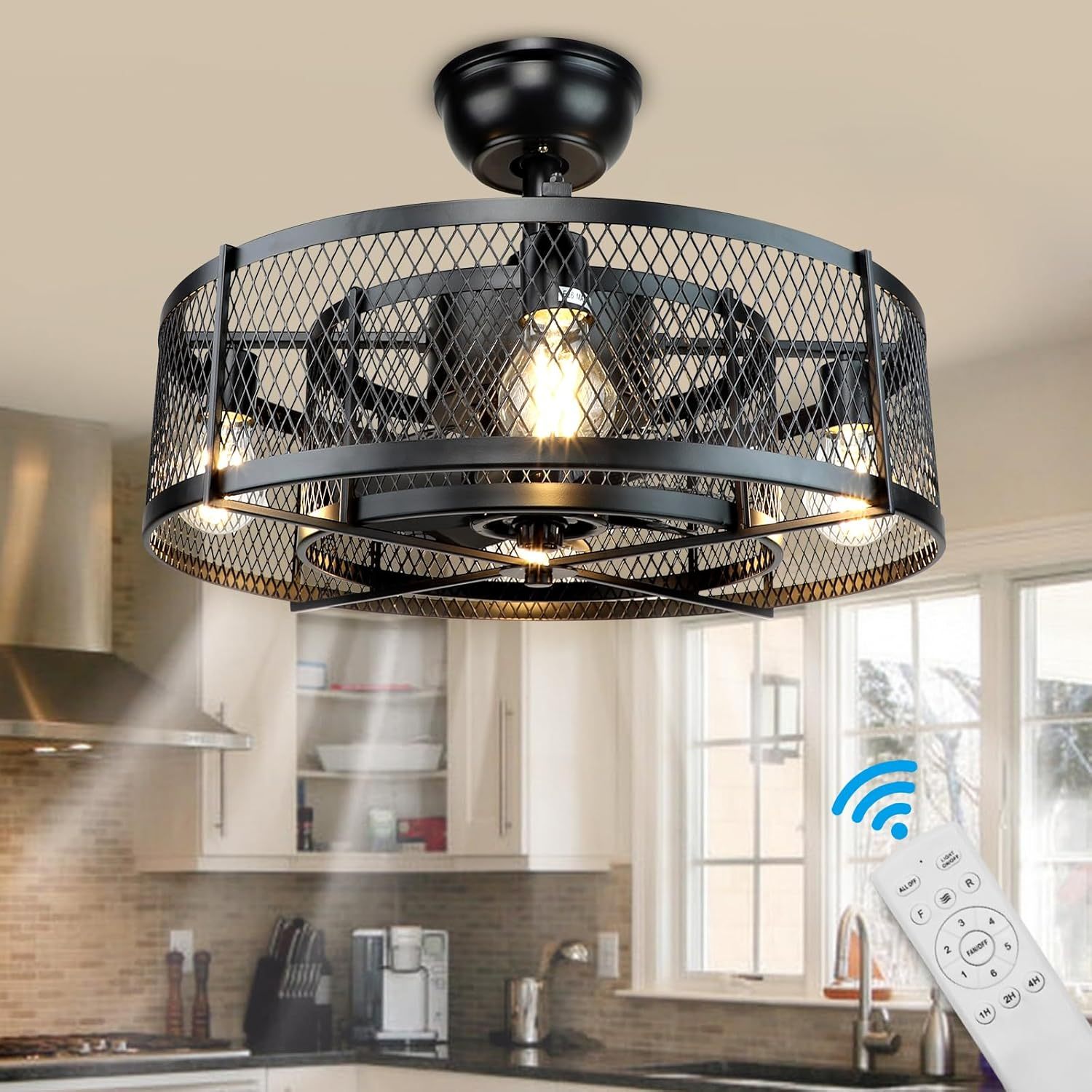 20 Inch Caged Ceiling Fan with Light, Farmhouse Ceiling Fan Lights with Remote, Industrial Ceiling Fans for Living Room, Bedroom, Kitchen, 6 Speeds Wind, Timer, 4xE26 Bulb Base, Black (No Bulb)