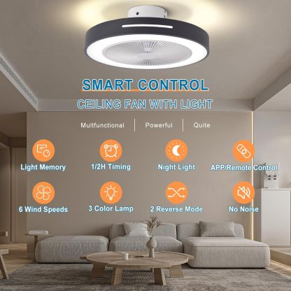 Ceiling Fan Mount for Bedroom: 20 Inch Bladeless Ceiling Fan with Led Light and Remote for Living Room Kitchen Dining Room
