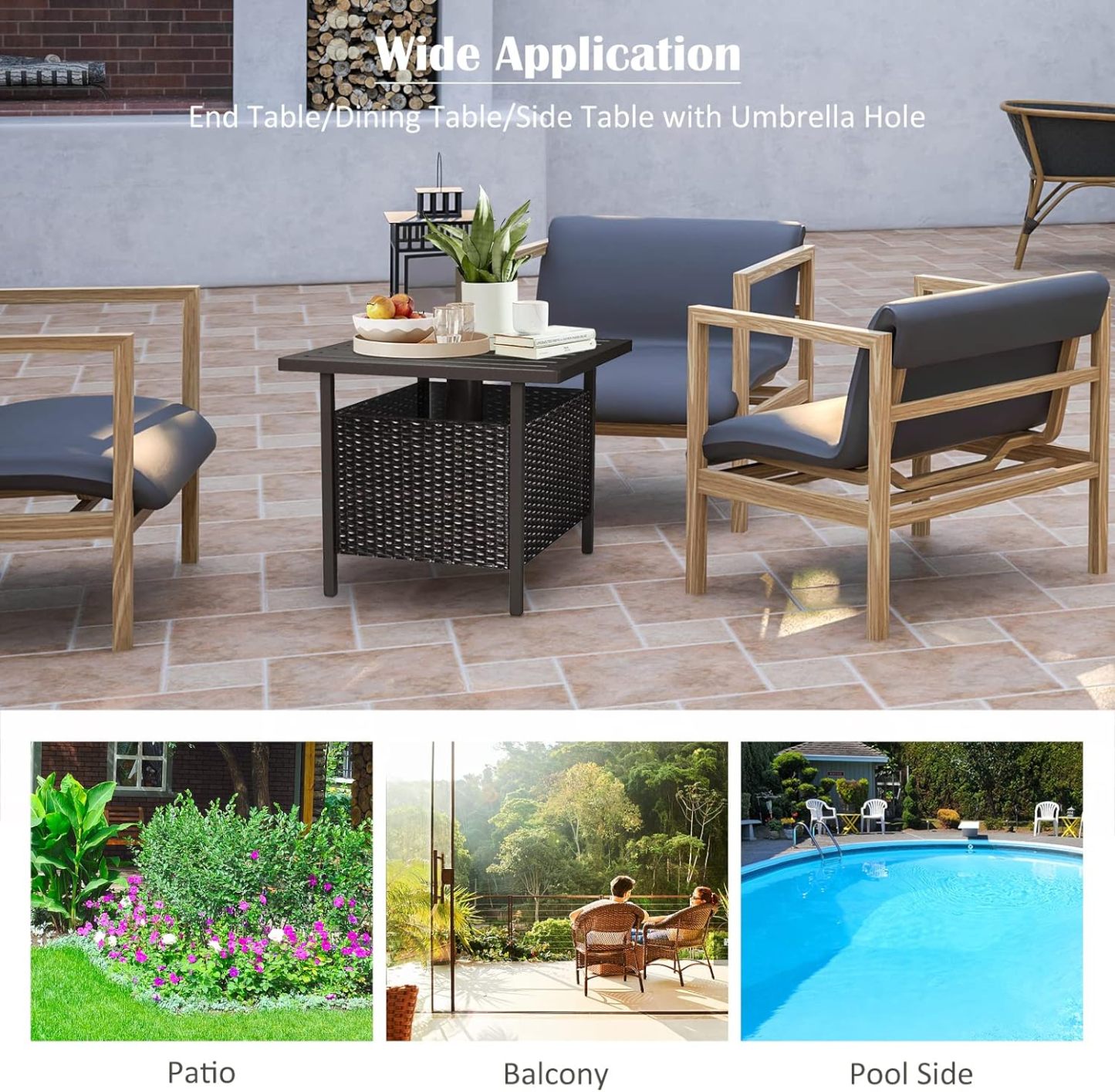 PE Rattan Side Table, Patio End Table w/ 1.6'' Umbrella Hole, All Weather Wicker Umbrella Table