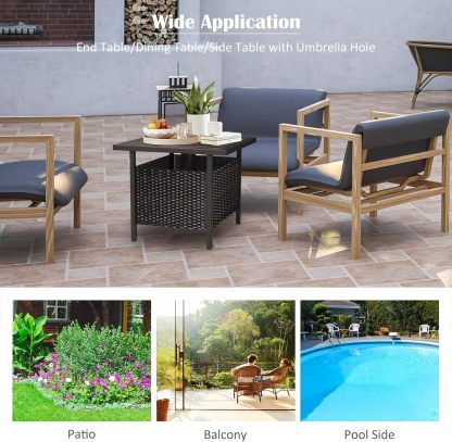 PE Rattan Side Table, Patio End Table w/ 1.6'' Umbrella Hole, All Weather Wicker Umbrella Table