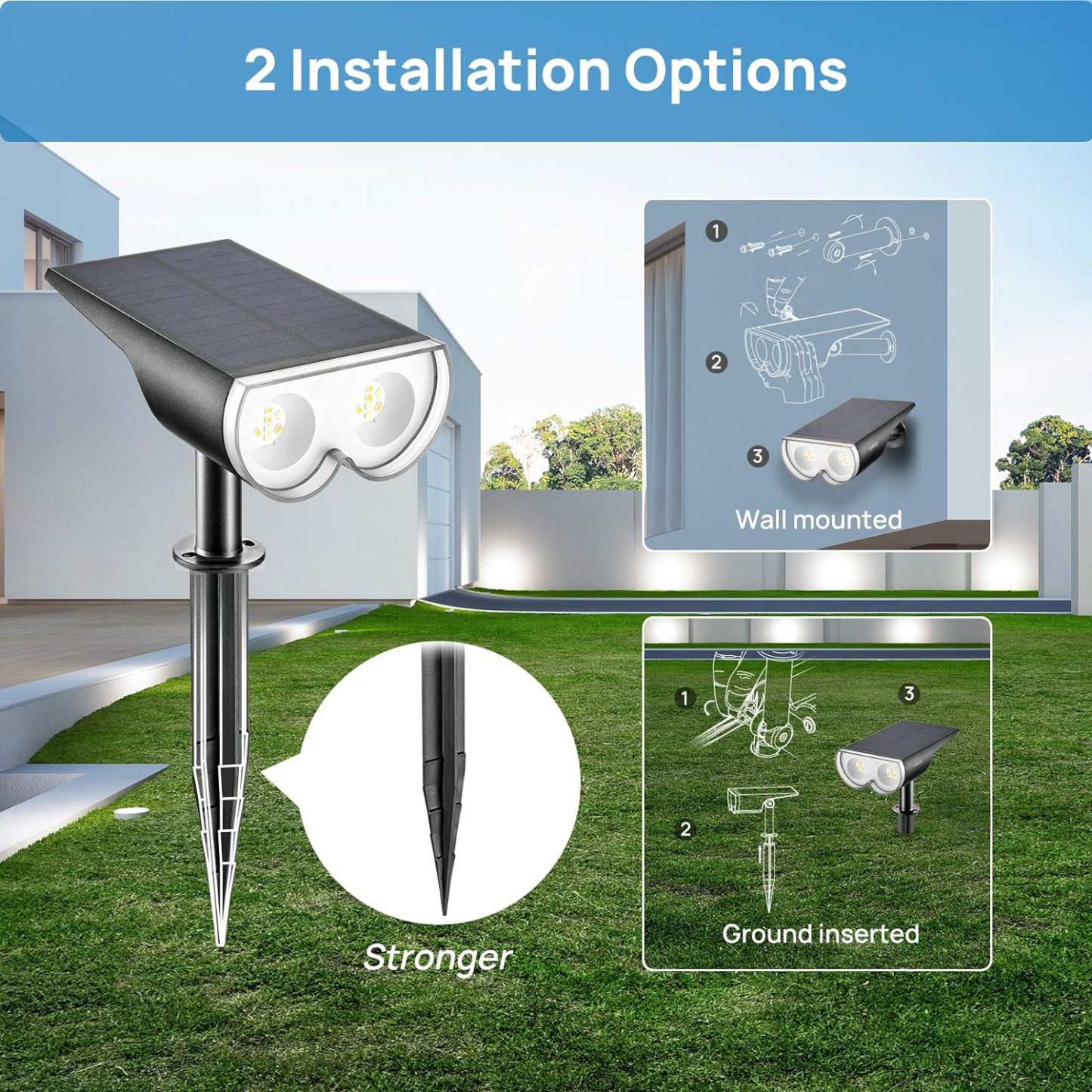 Solar Outdoor Lights, Solar Spot Lights Outdoor Waterproof IP67, Daylight & Warm White Auto On/Off Solar Landscape Spotlights