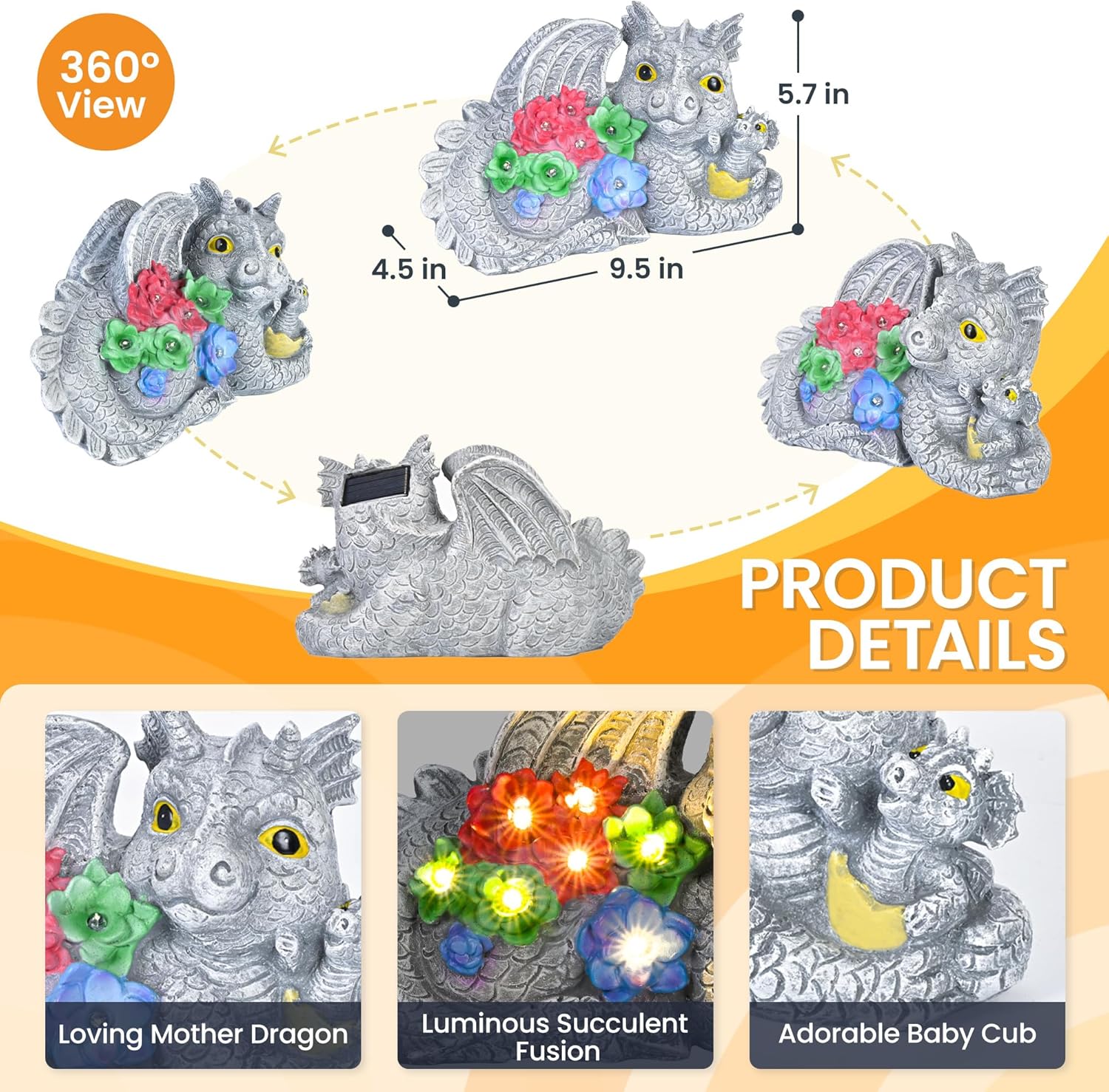 Solar Garden Statues Dragon Statue Figurine Lights for Outside, Garden Decor Yard Decorations Outdoor